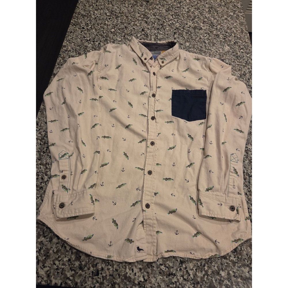 Modern Amusement Fish Anchor Print Shirt Mens Large Tan Canvas Button Down